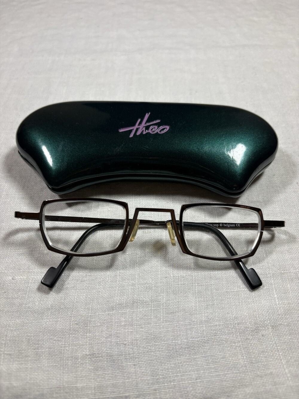 Theo XXP Belgium Vintage Eyeglasses Frame Geometric Matte Brown Square Case